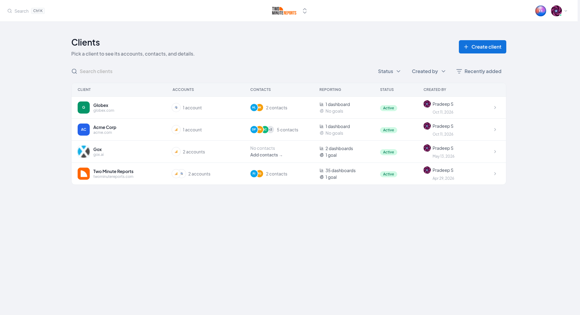 The clients table, with the Create client button