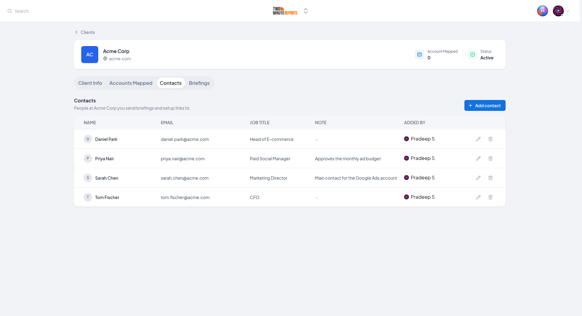 The Contacts tab of the client Acme Corp, with four contacts in the table