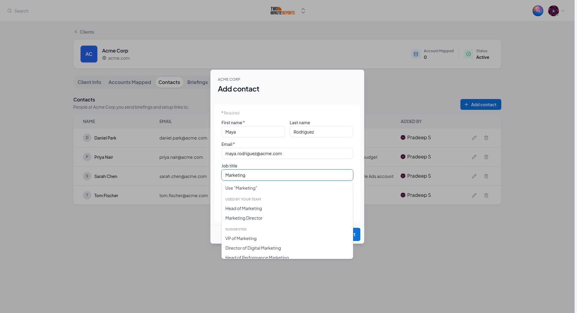 The Job title list for the text "Marketing", with the titles that the team uses above the suggested titles