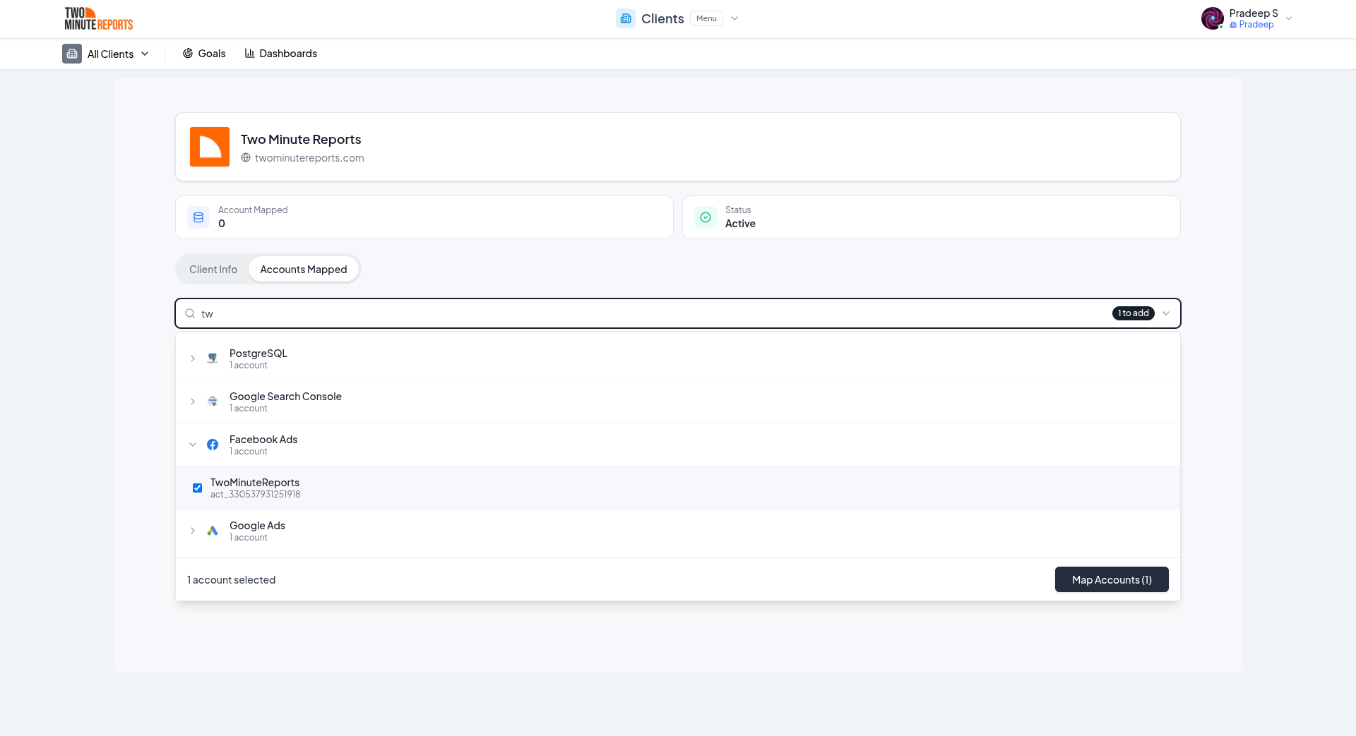 Accounts Mapped tab showing connected data source accounts for a client