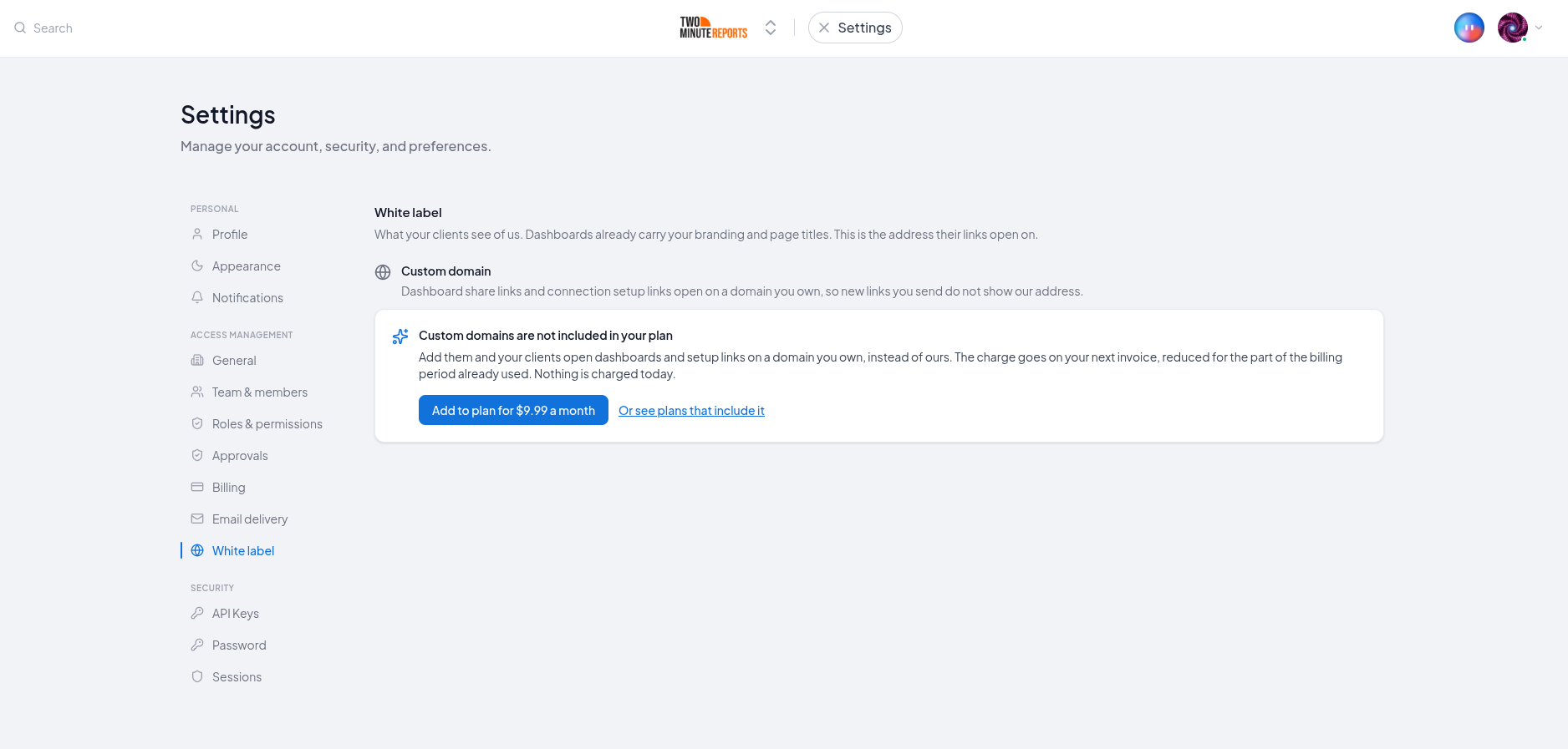 The upsell shown to a team whose plan does not include custom domains, with the price and an Add button