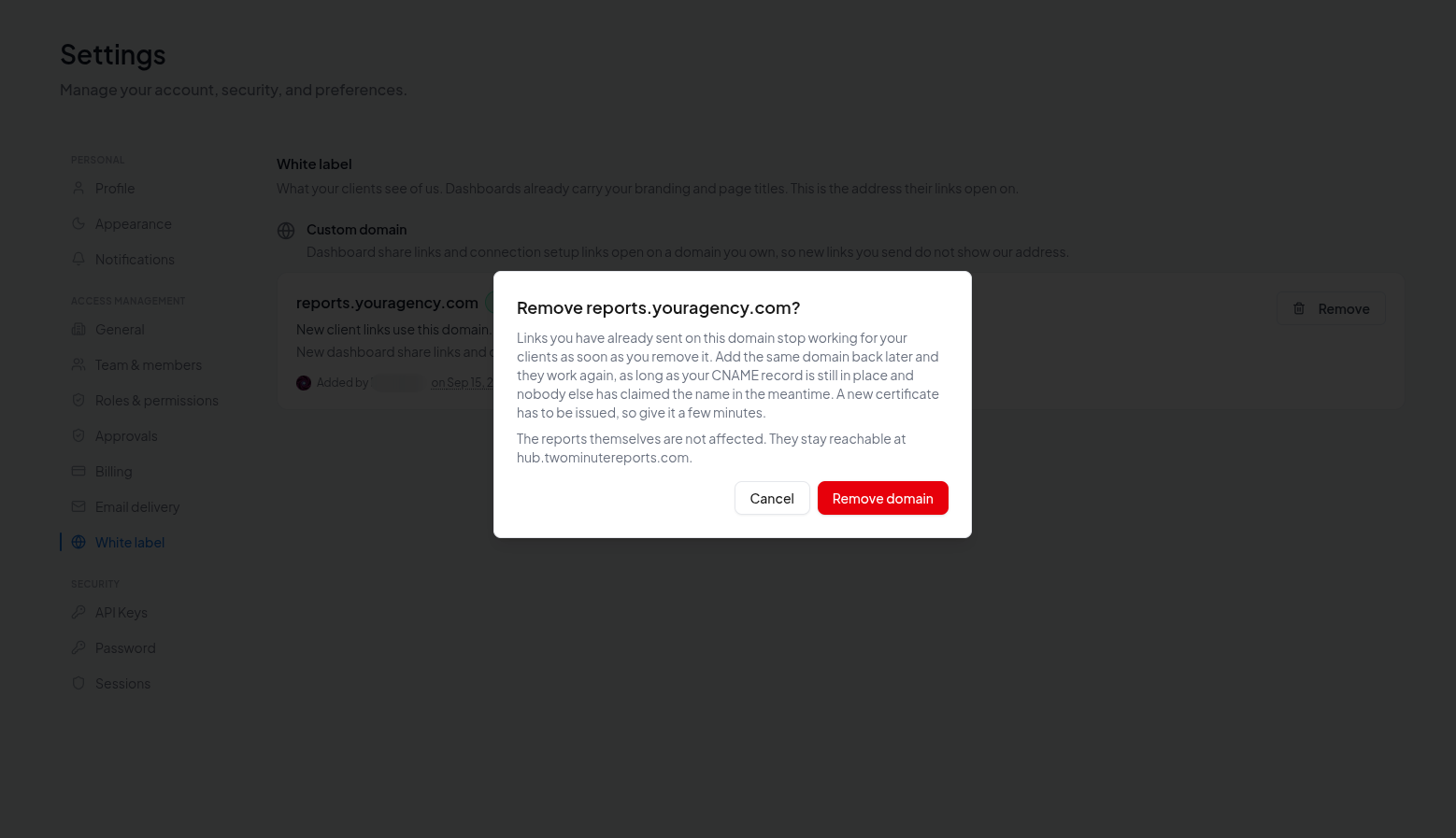 The removal confirmation, spelling out that links already sent will stop working