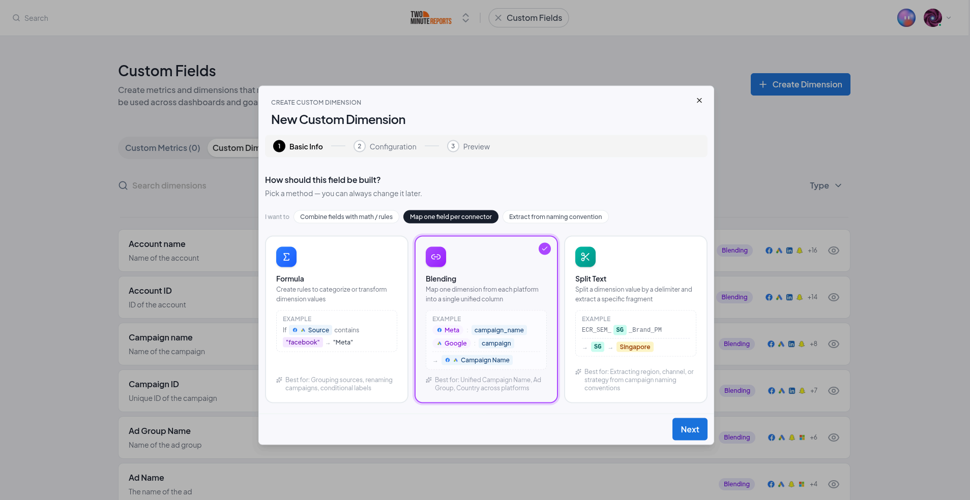 Build method selection with Formula, Blending, and Split Text cards