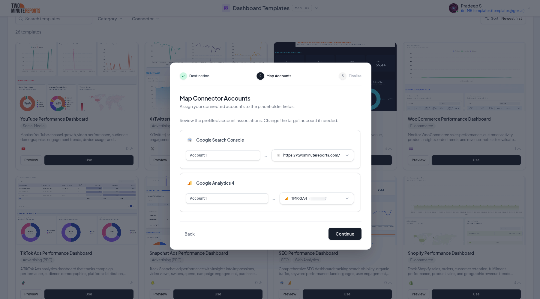Template account mapping wizard