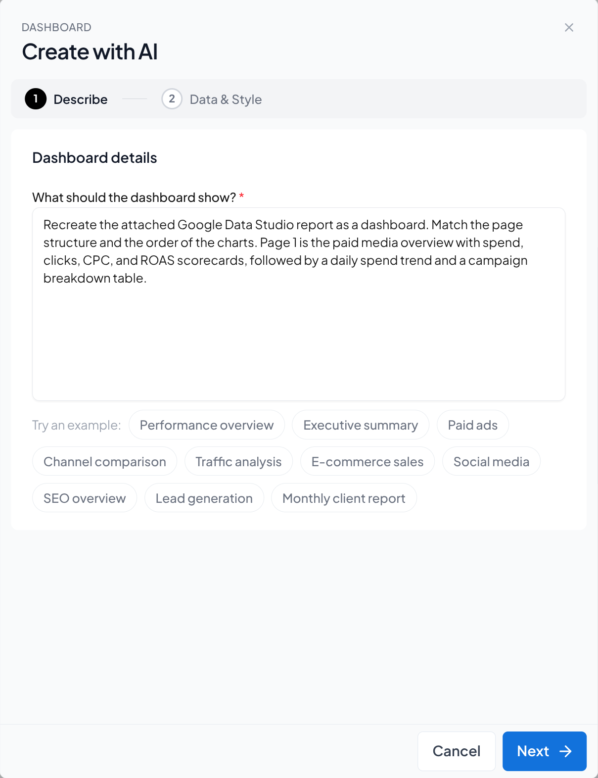 The Describe step, with a migration prompt entered under What should the dashboard show and the Try an example prompts below it