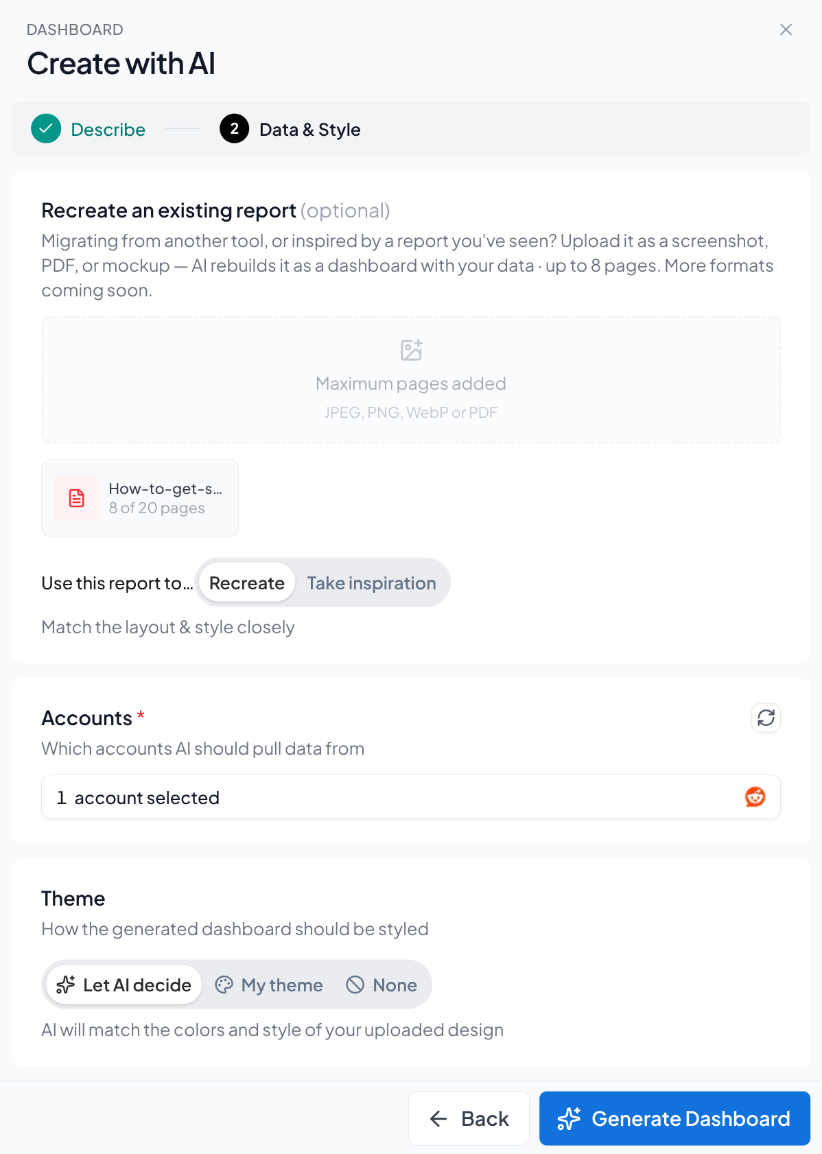 The Data and Style step after uploading a PDF, showing the file with its page count, the Use this report to switch set to Recreate, the selected account, and the theme options