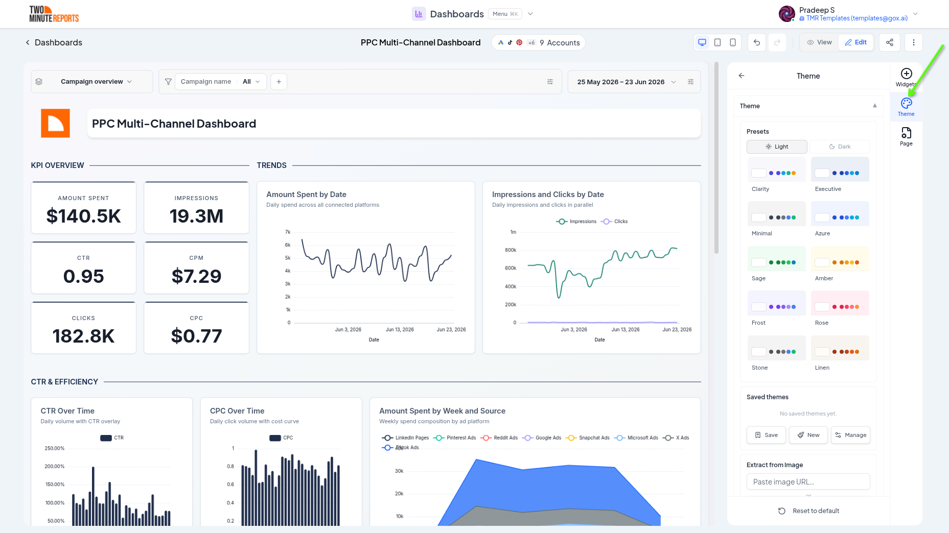 Dashboard theme editor panel