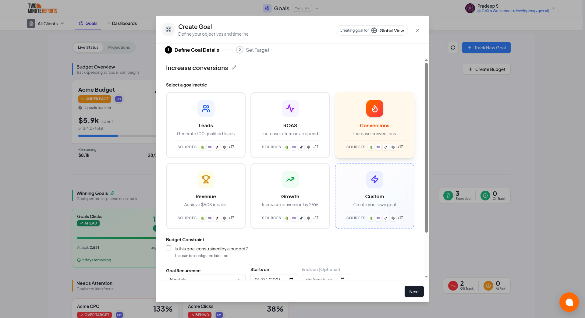 Goal details form showing metric selection, budget constraint, recurrence, and date range fields