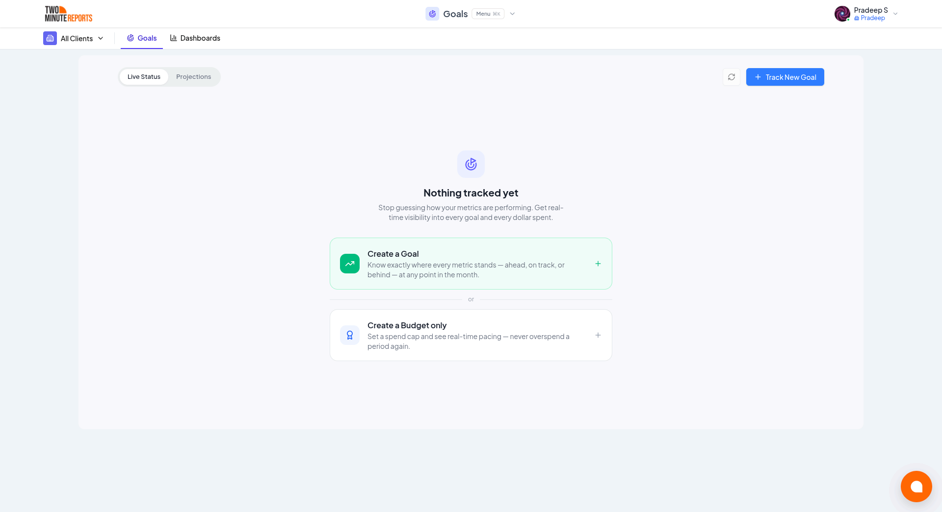 Track New Goal button in the Goals dashboard navigation