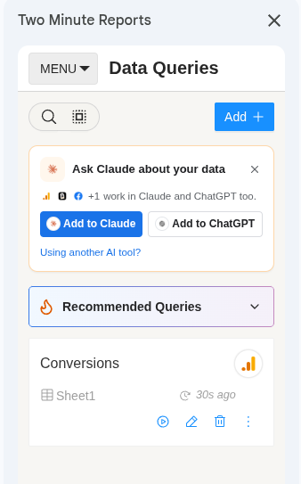 The Ask Dash about your data card at the top of Data Queries