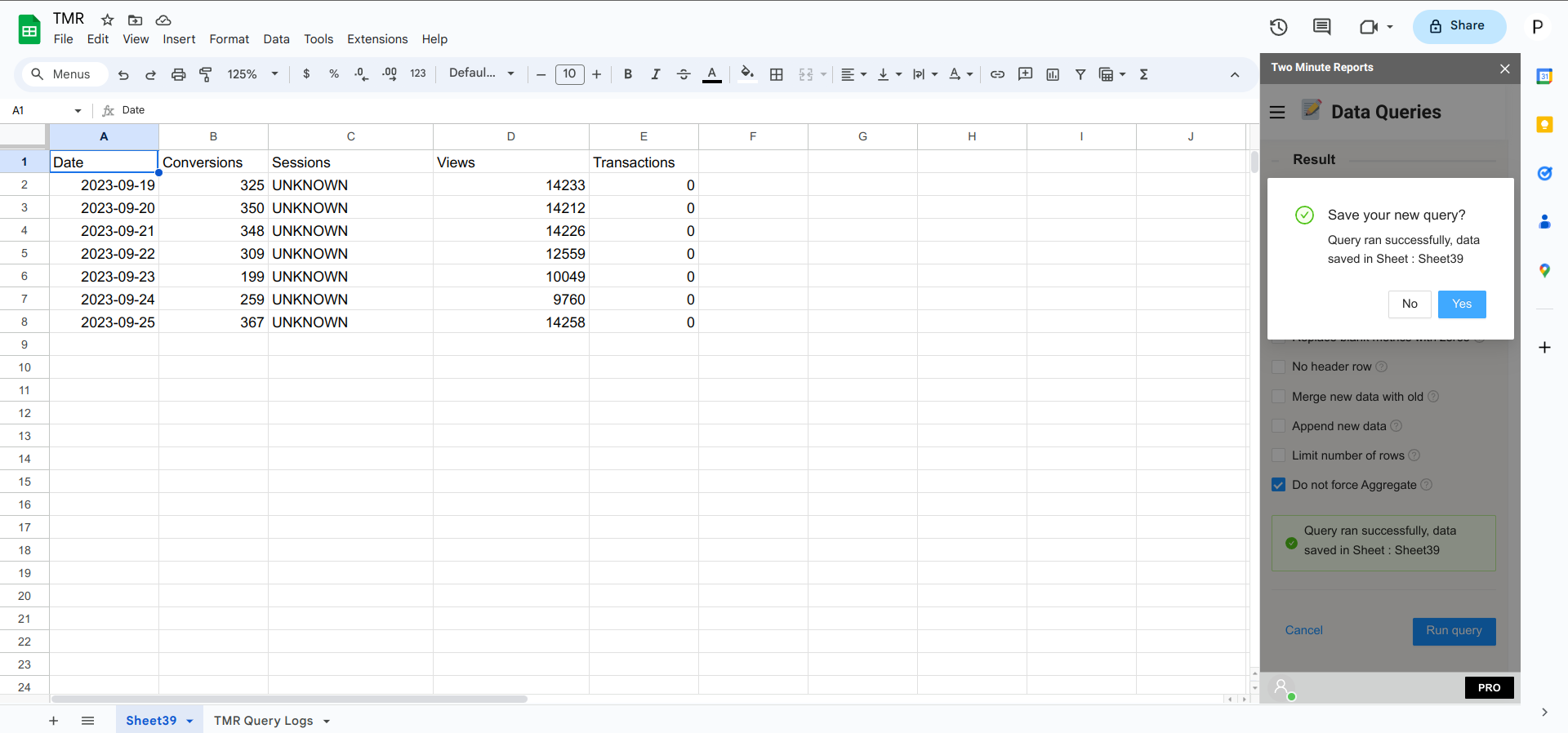 Query results with force aggregate disabled showing per-property rows and UNKNOWN values