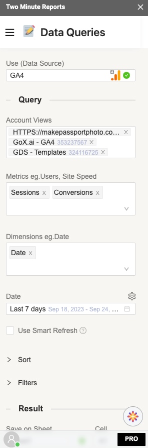 GA4 query configured with 3 properties and 2 metrics