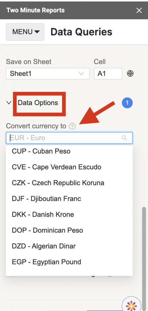 Currency Conversion option in Data Options dropdown