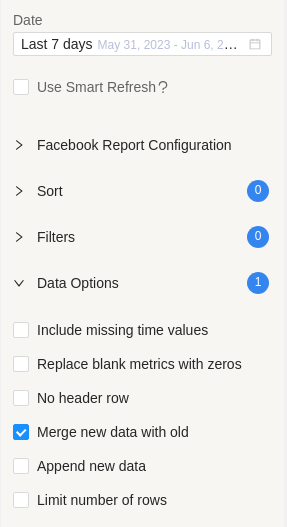 Enable Merge new data with old toggle in Data Options