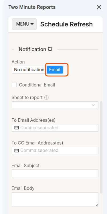 The Notification section with Action set to Email