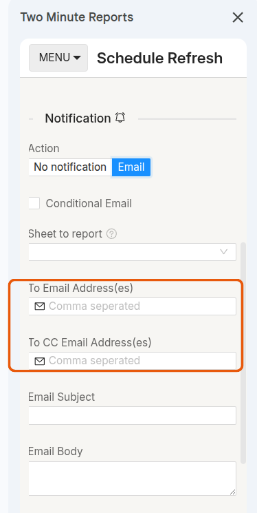 The To Email Address and To CC Email Address fields