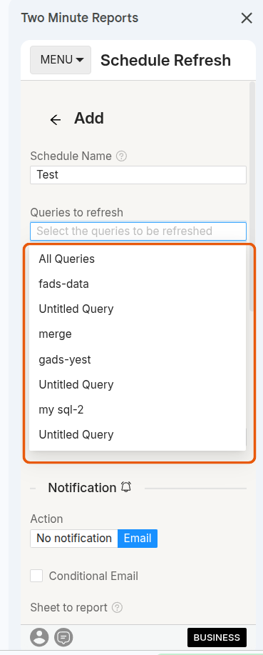 The Queries to refresh dropdown open, listing the sheet's queries