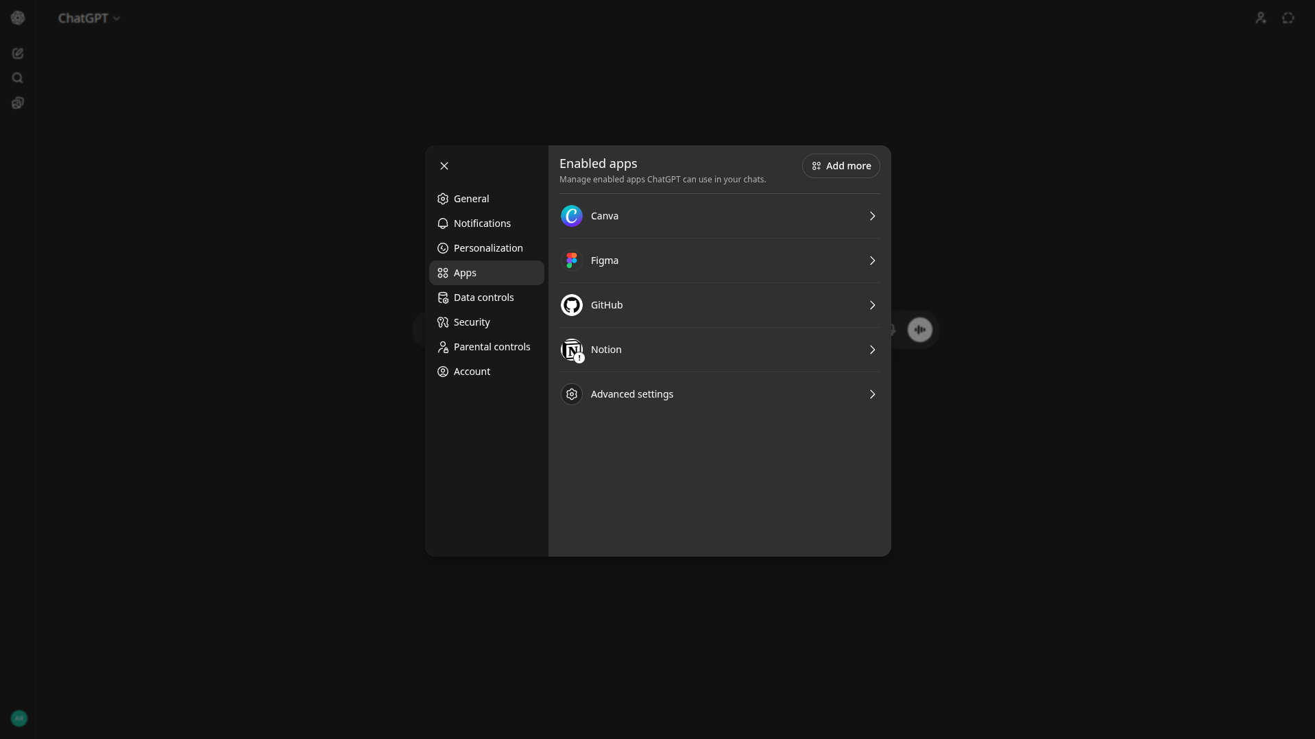 ChatGPT Apps settings
