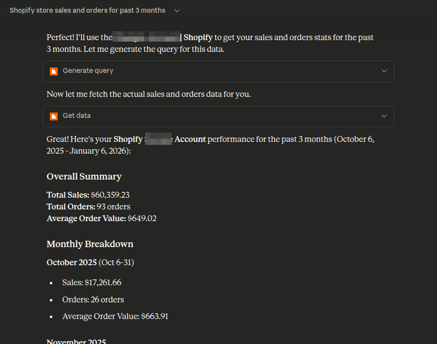 Shopify result in Claude