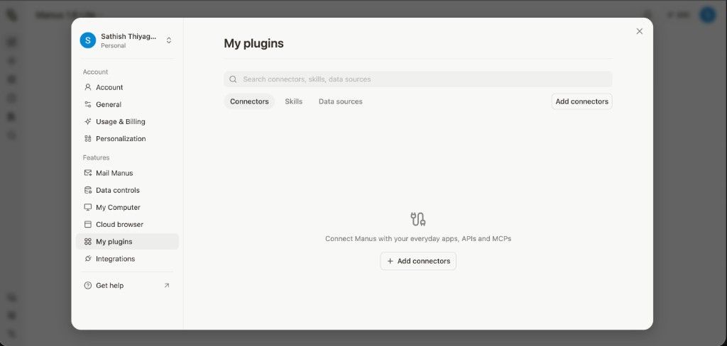 Connectors page in Manus settings