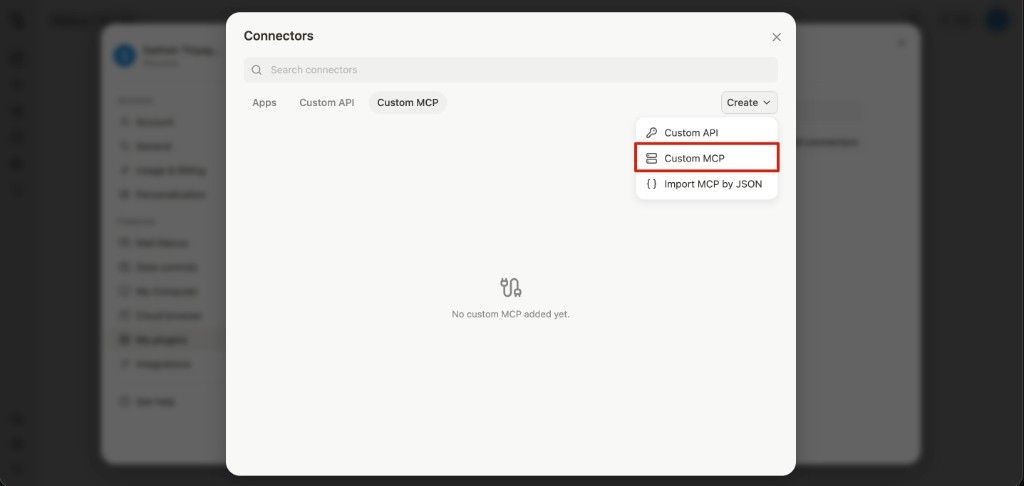 Select Custom MCP in Manus