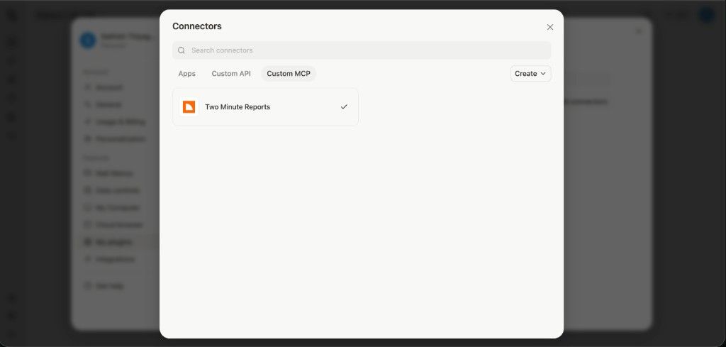 Two Minute Reports in the Connectors list
