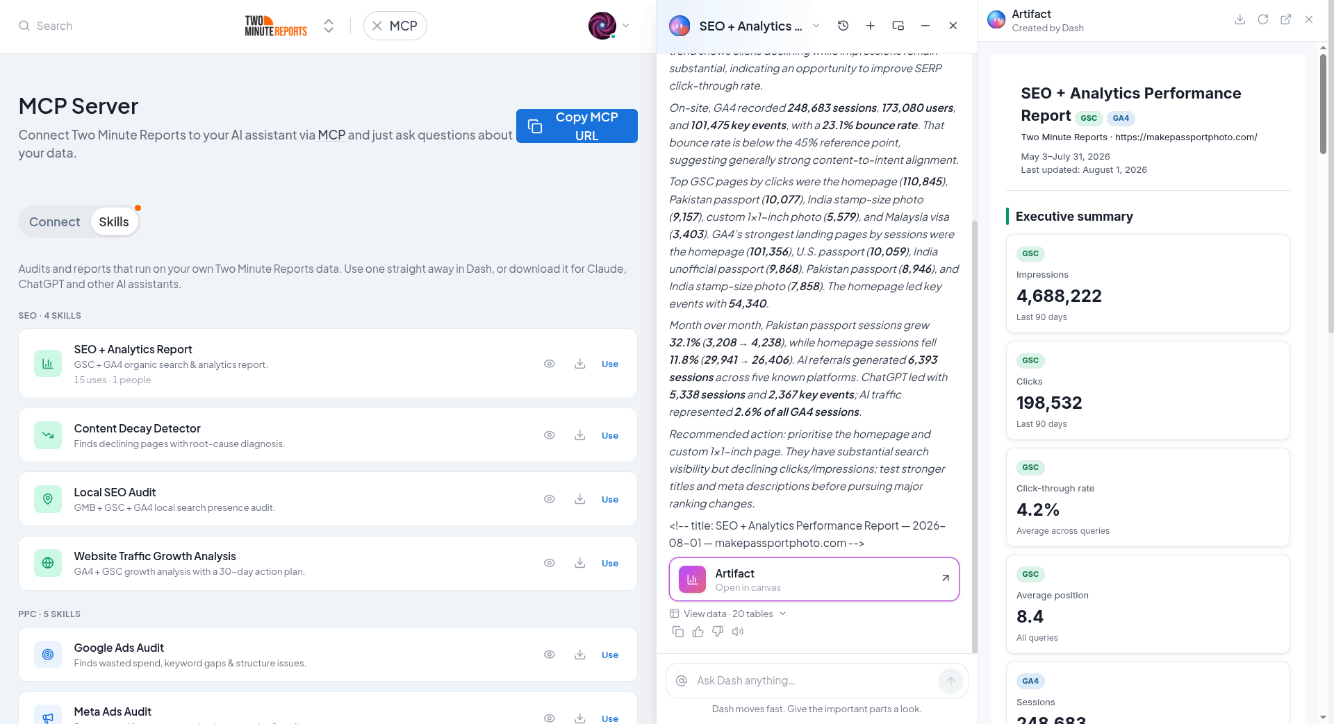 Dash showing the completed skill result