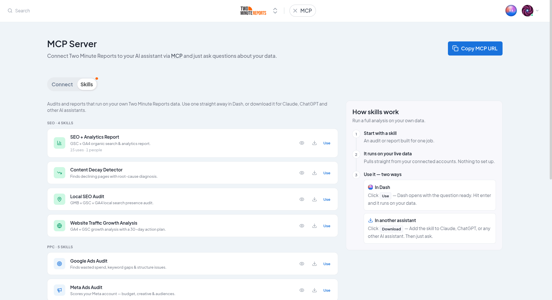 The Skills catalog on the MCP page