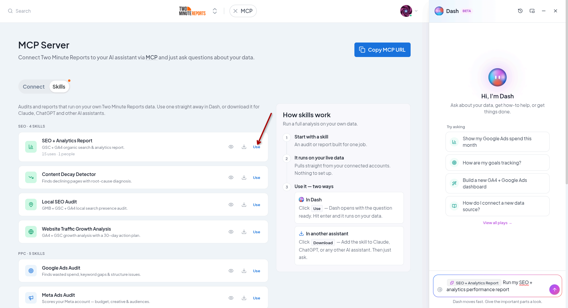 Clicking Use fills the skill's phrase into the Dash composer