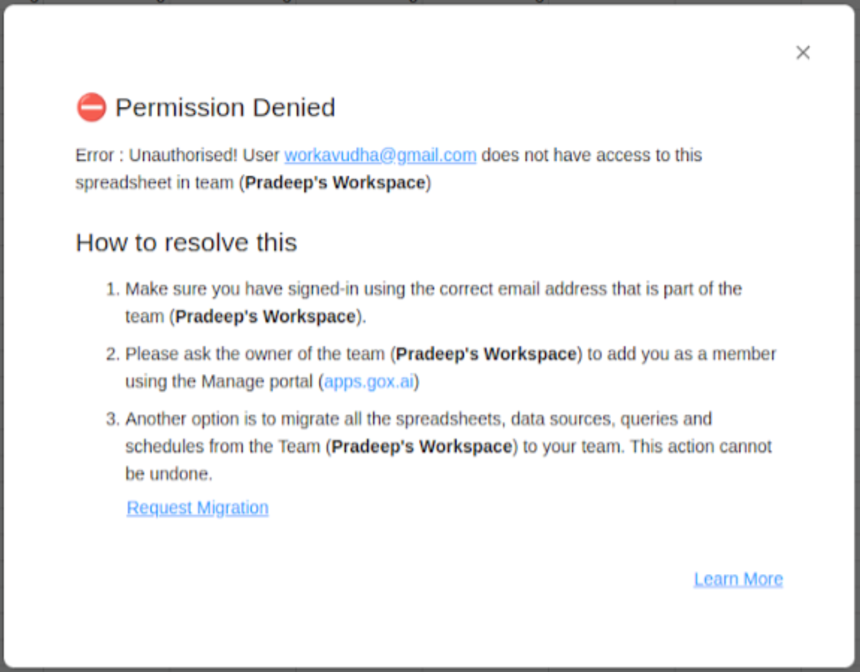 Permission denied error in Google Sheets