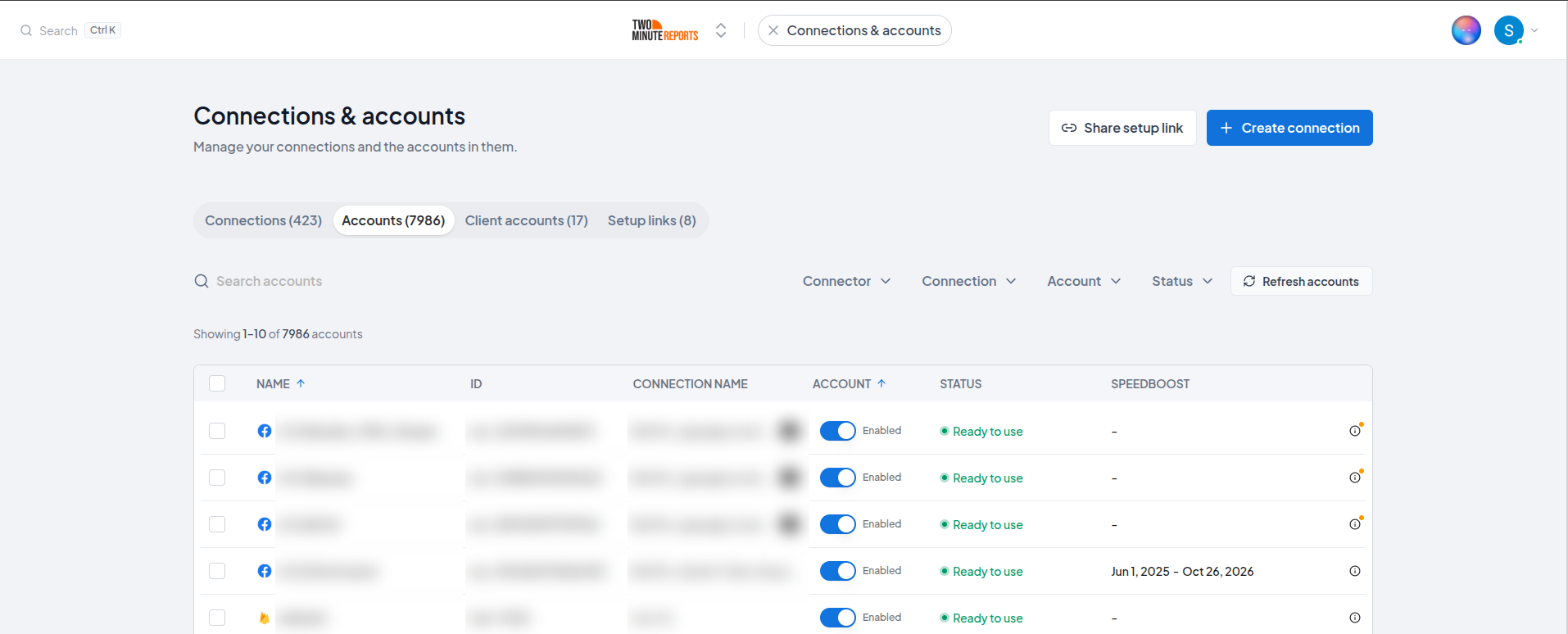 The Accounts tab of the Connections & accounts page, with the Refresh accounts button in the filter row