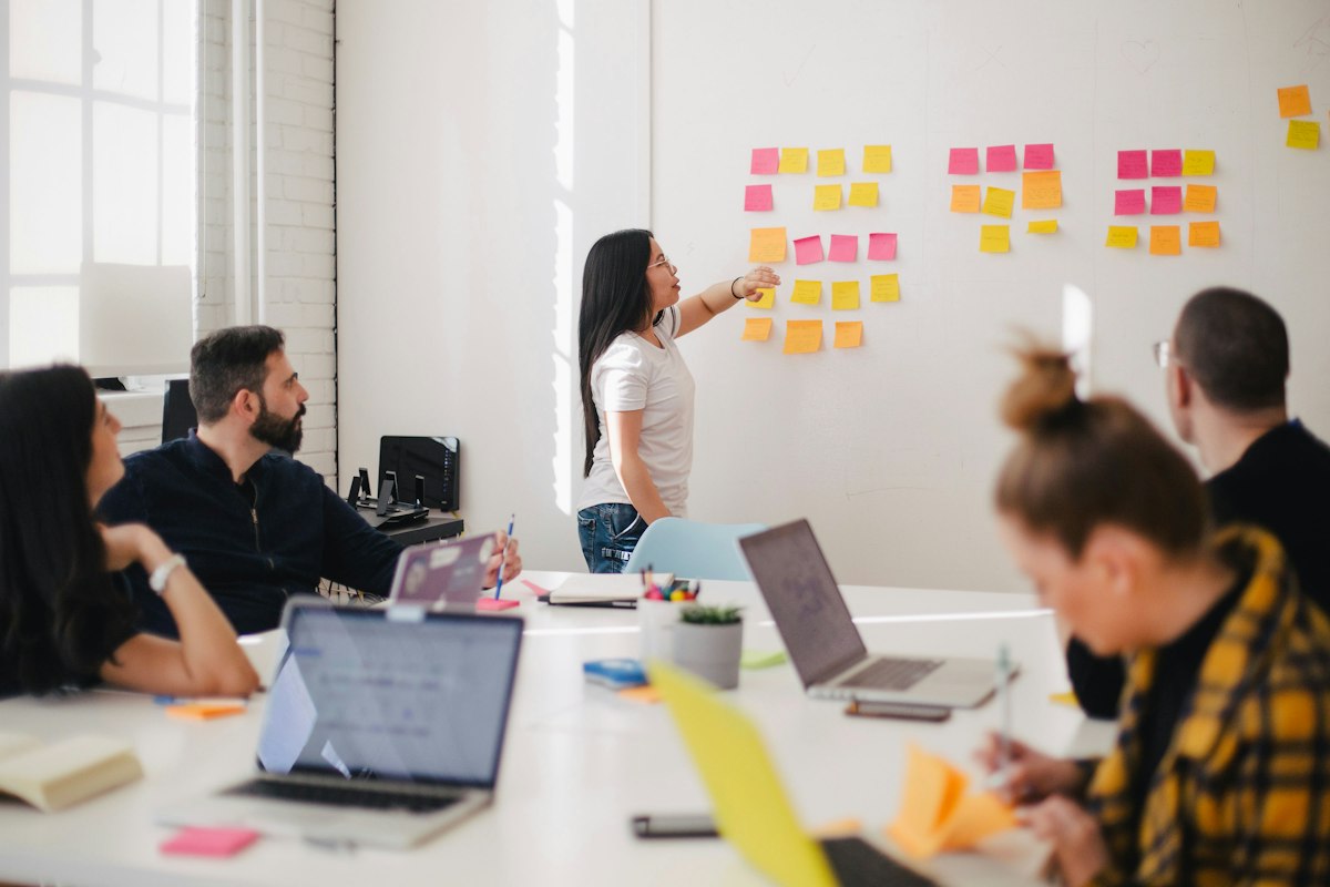 Marketing team discussing insights at a whiteboard