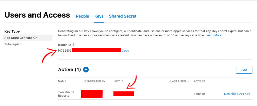 Get issue ID and API key ID from apple store connect